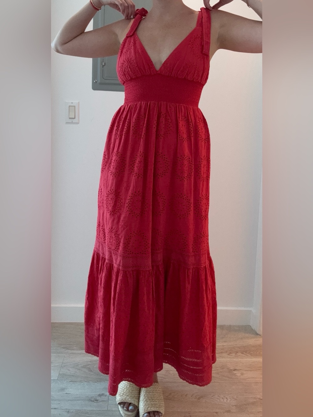 Red Eyelet Maxi Dress with Tie Straps - Alice & Olivia